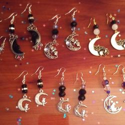 Moon & Cat Charm Earrings Moonstone Black Onyx Handmade