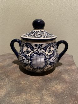Blue and White Mexican Pottery large Sugar Bowl 