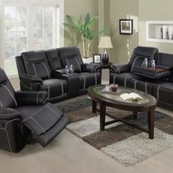 Black Leather Recliner Set Include Sofa, Loveseat And Chair Include Cup Holders 