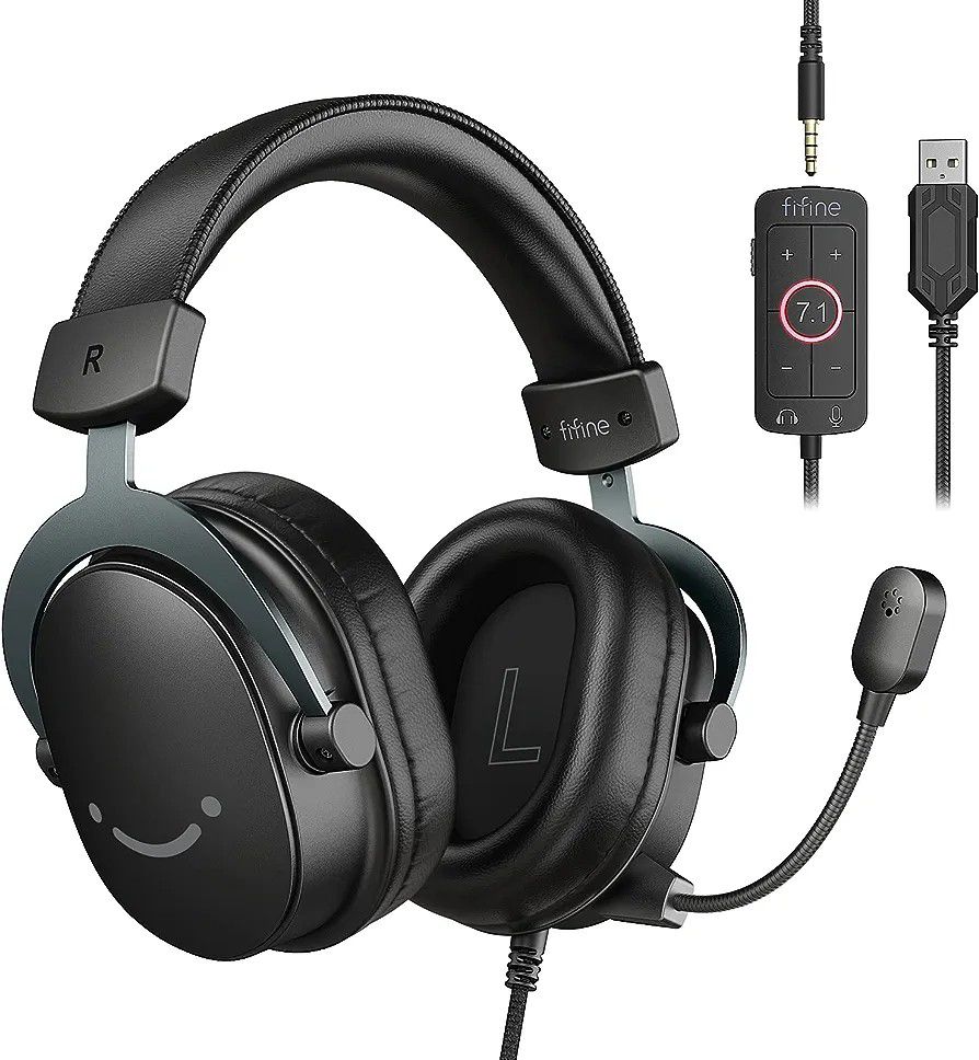 FIFINE PC Gaming Headset, USB Headset with 7.1 Surround Sound, Detachable Microphone, Control Box, 3.5mm Headphones Jack, Over-Ear Wired Headset 