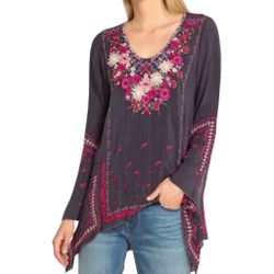 Johnny Was Wish Stitch Embroidered Silk Tunic Top Boho Floral Purple Pink