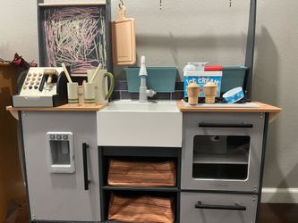 Play kitchen, register, ice cream set, lemonade set