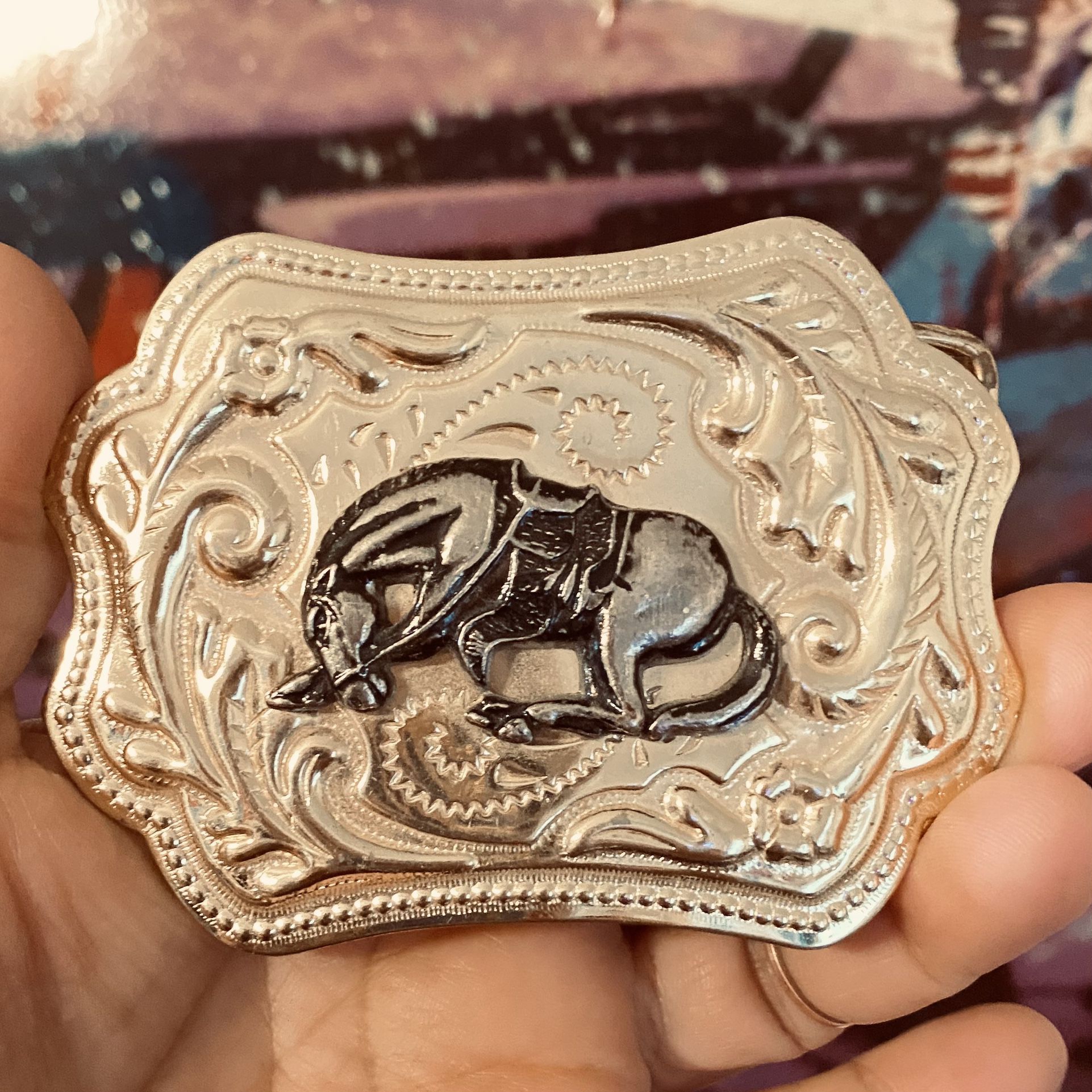 Western Belt buckle Gold And Pewter Repoussee Bucking Horse Buckle 