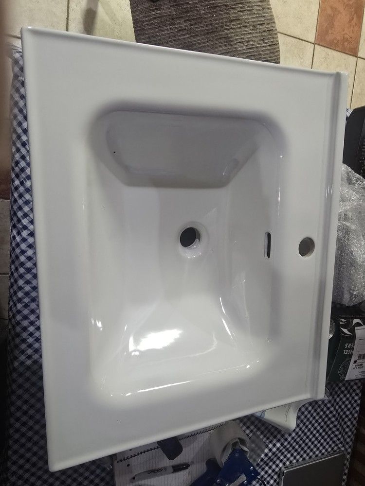 24 Inch Bathroom Vanity Sink Tops - White Drop In Bathroom Sink Ceramic Topmount Rectangular Vanity Top with Overflow And Faucet / Plumbing