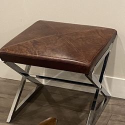 Williams Sonoma Homes Leather Crosby Ottoman Made In Italy H19" W22" D22" In Perfect Condition With Chrome  Base 
