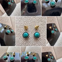2 Pair Earring Set: Western Style Turquoise Button Studs & Punk Gold Spike Studs