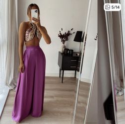 Zara satin effect wide leg fuchsia palazzo high waist flowy pants XS  
