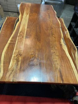 Massive solid redwood live-edge dining or conference table with two matching solid redwood benches.