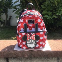 DISNEY PARKS LOUNGEFLY MINNIE MOUSE SEQUIN POLKA DOT MINI BACKPACK 