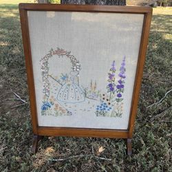 Antique (1934) Wood Fire Screen – Hand-Embroidered Crinoline Lady (28.75” X 20.5”)