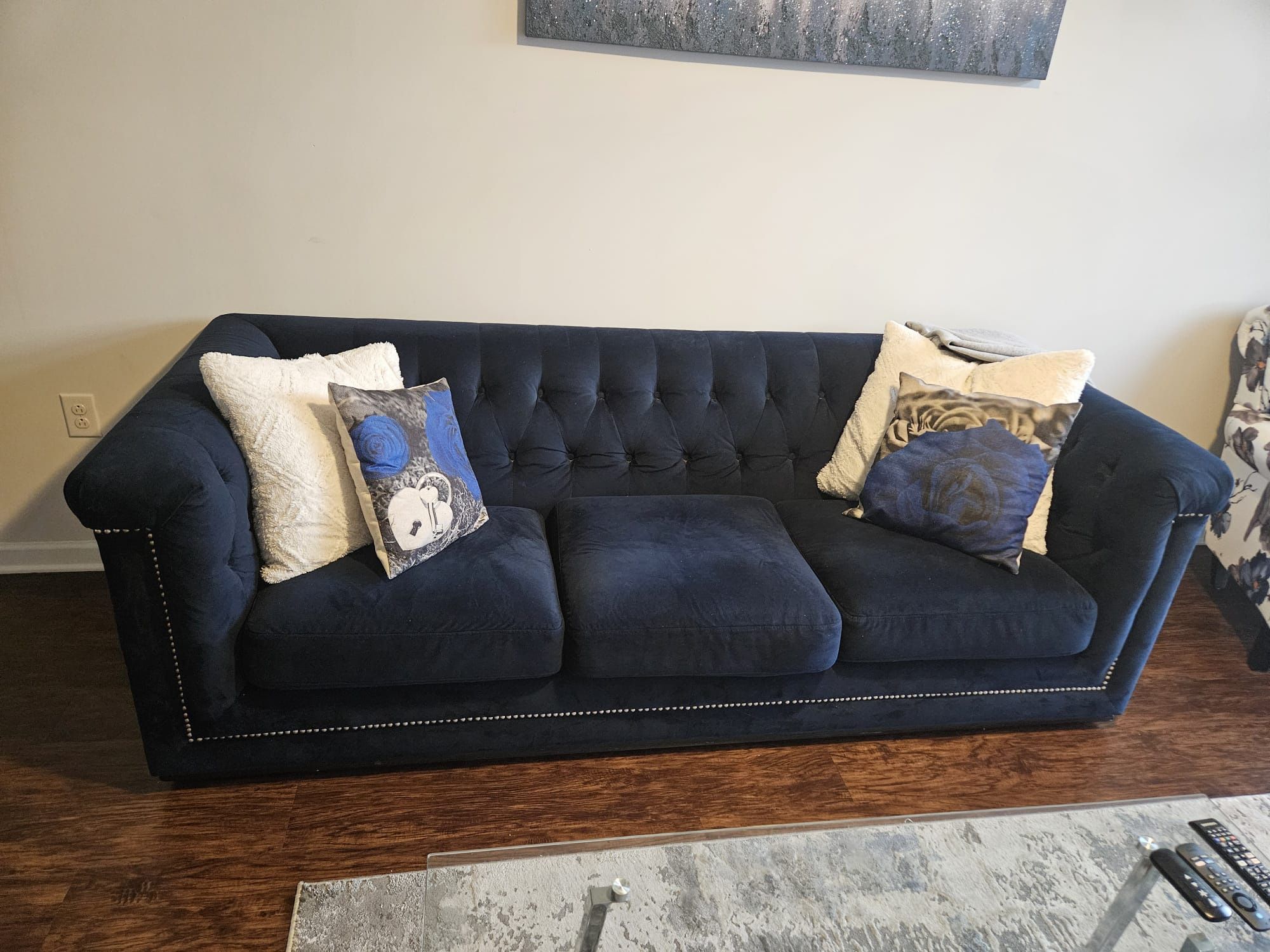Tufted Royal Blue Sofa With Four (4) FREE Throw Pillows