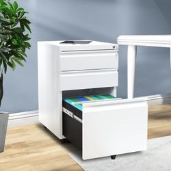 3-Drawer Lockable Steel Filing Cabinet with Keys - Includes Stationery Box, Horizontal Hanging Rod & Mobile Casters