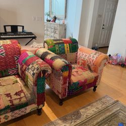 Imported Indian Rolled Arm Chairs (2) Bohemian Design Bold Colors 