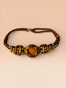 1990s Hip Belt Womens Wood Beaded Gold Tone Beads Brown Cord Boho 27”