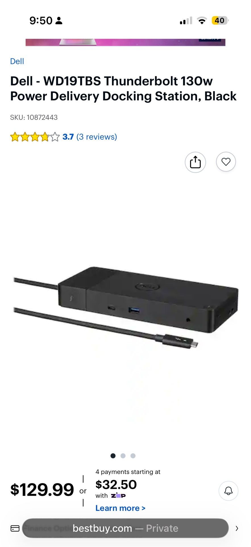 Dell - WD19TBS Thunderbolt 130w Power Delivery Docking Station, Black