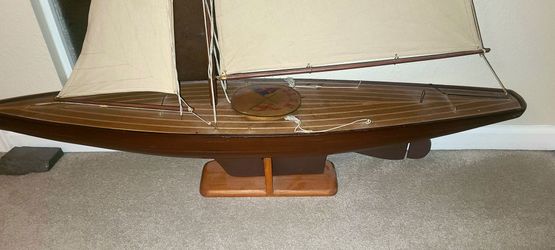 Large scale Pond yacht handcrafted from timber, cotton sails, stand