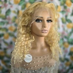 13x6 Lace Front Curly Blonde 613 Human Hair Wig New  20" 