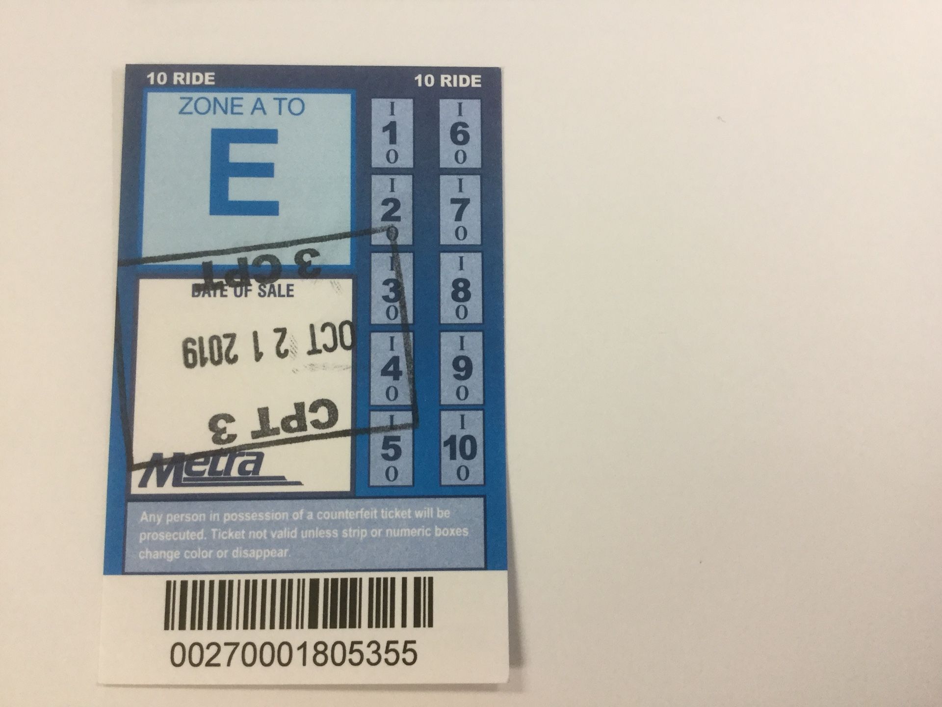 3 Metra 10 ride tickets A-E. $50 each. Cash and carry. Meet in Downtown or near Arlington Park station. Expire October 2020