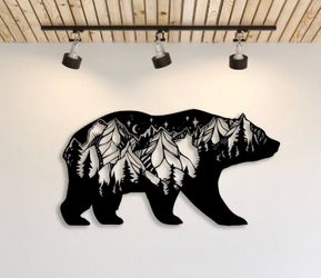 Large Laser-Cut Metal Bear Wall Art — Mountain Scene | W 47" x H 23" (Large)