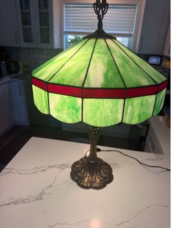 a AWESOME, LARGE STAINED GLASS TABLE LAMP WITH A BRASS BASE