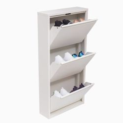  3 Drawer Metal  Shoe Cabinet, 3-Tier Shoe Rack Storage Organizer, (White) 