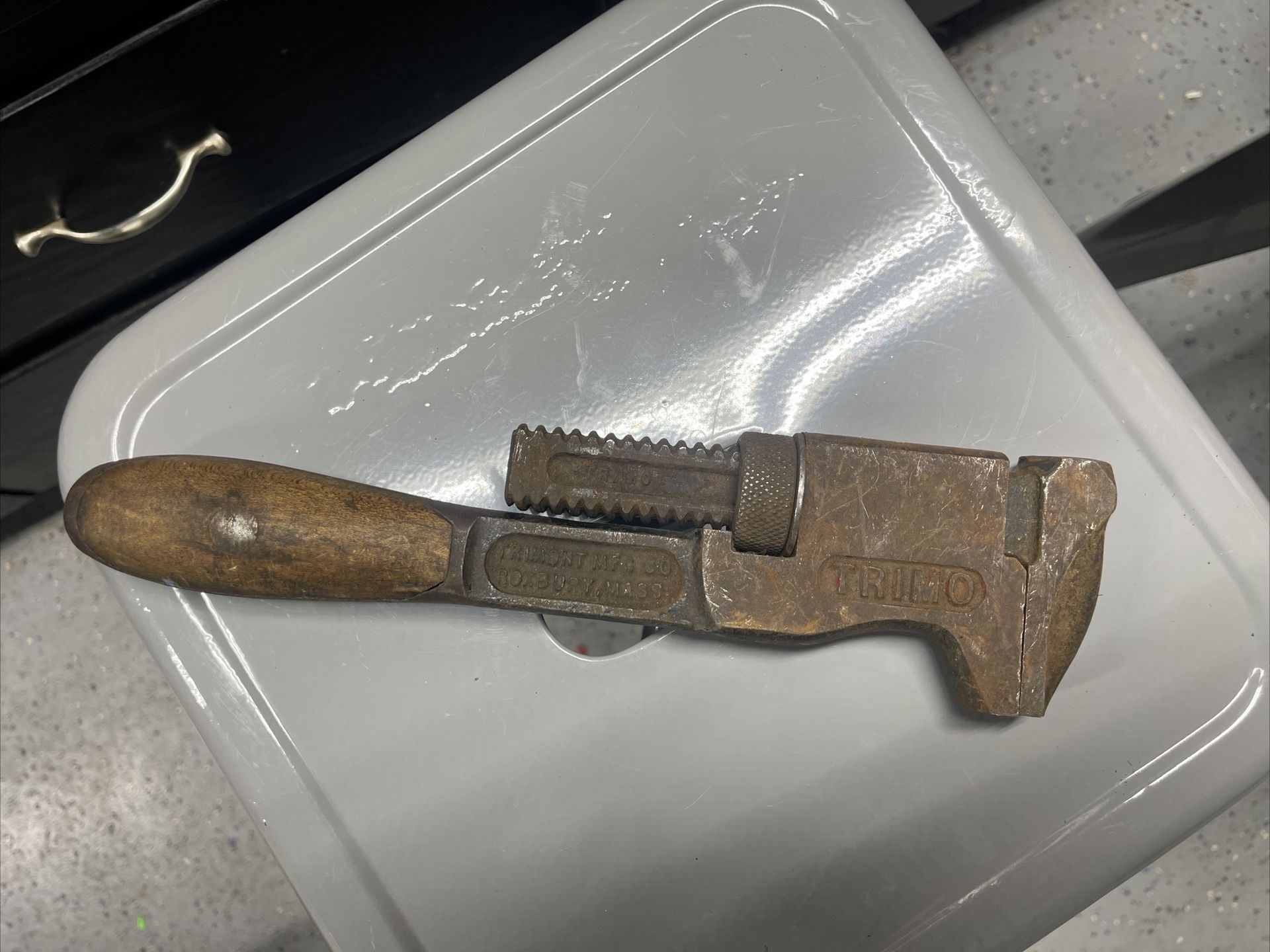 Vintage Trimo Size 12” Wooden Handle Monkey Wrench Roxbury Mass. Works. You Must Pickup