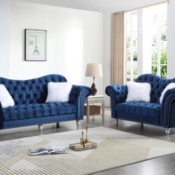 Covert Blue Velvet Living Room Set /couch /Sofa and Loveseat 