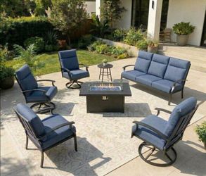 Aluminum patio furniture set with two swivel rocking chairs two stationary chairs propane fire pit outdoor patio furniture aluminum patio furniture 🆕