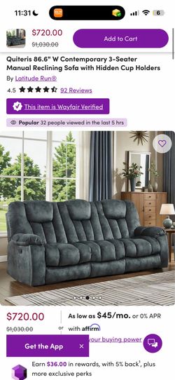 Quiteris 86.6" W Contemporary 3-Seater Manual Reclining Sofa with Hidden Cup Holders New $350