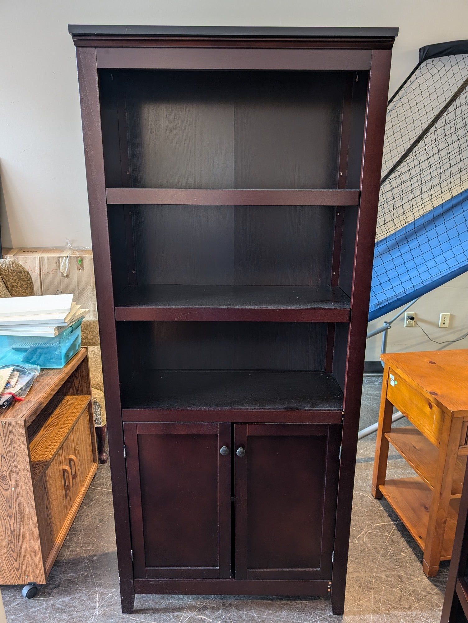 Dark Wood Finish Bookcase with Lower Cabinet Storage