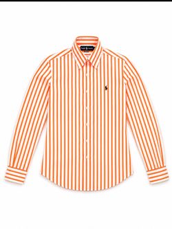 Ralph Lauren Men’s Custom Fit Orange White Striped  Shirt Size L 100% Cotton