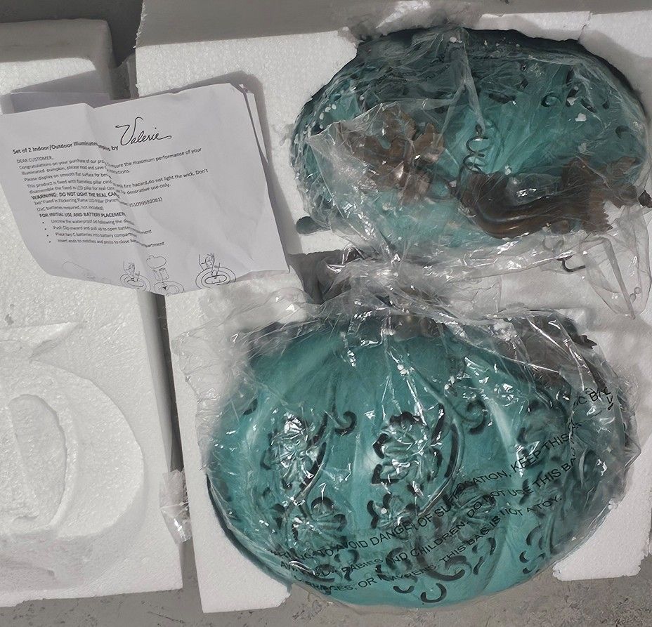 2 Indoor/Outdoor Illuminated Pumpkins-Valerie Parr Hill & 1 Fall Candle Pumpkin