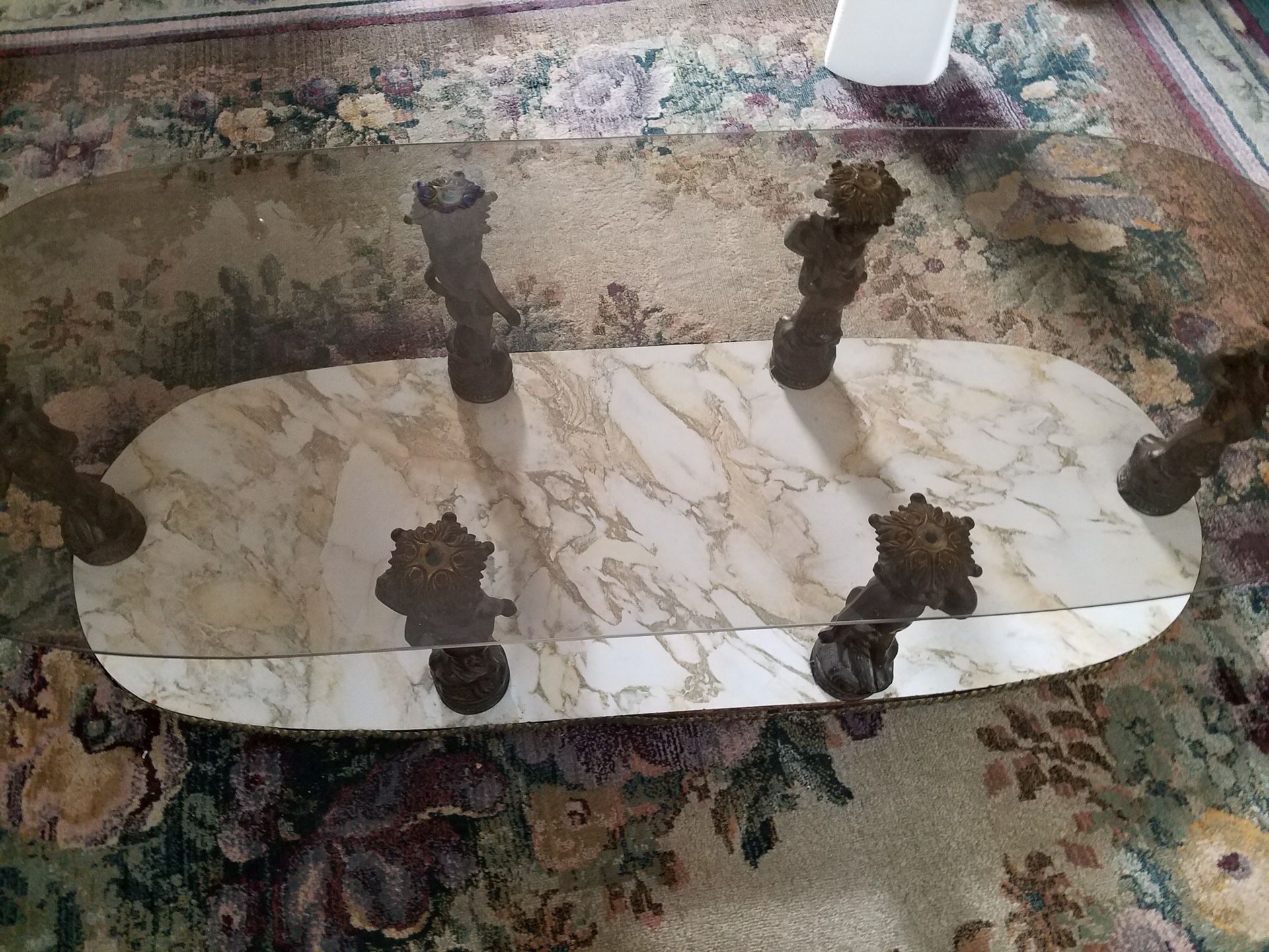 Vintage Cherub Coffee table w/ Marble bottom and Smokey glass top With 3 Matching Round End Tables