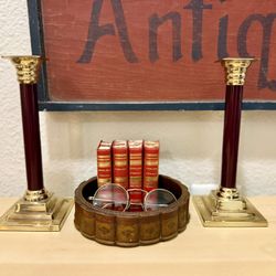Charming Vintage Muirfield Imperial Palace Brass + Burgundy Wood Column Candlesticks / Home Decor / Art Deco /Gold Candle Sticks