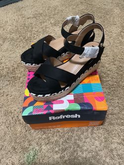 Refresh Women's Black Cross-Strap Espadrille Wedge Sandals – NIB / New With Box