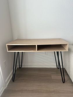 Wood Desk with Hairpin Legs & Storage Cubbies