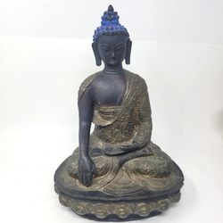Nepalese Tibetan Shakyamuni Buddha Statue 12" Earth Touching Mudra Blue Hair