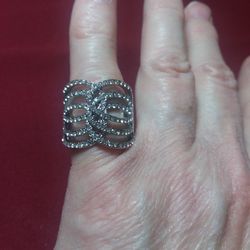 Size 8 1/2 925 Sterling Silver Ring With Clear Cubic Zirconia