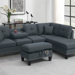 Brand New 98" x 70" Gray Line Or Gray Faux Leather Sectional + Ottoman