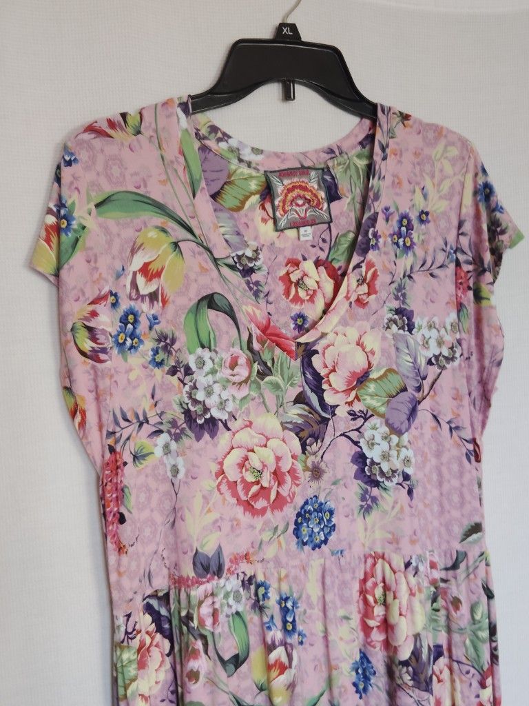 Johnny Was Women's Topiary Tiered Tea Length Dress Pink Purple Medium