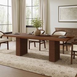 Dining Table for 10, Modern Light Ash Wood Table with Double Pedestal Base, Farmhouse Kitchen Table for 6-10 Guests, Raised Stripes Design (Walnut)