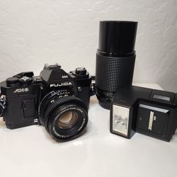 FUJICA AX-3 Camera Body w/ 50mm 1.9f lense 80-200mm Mitakon Zoom Zykkor 300Flash