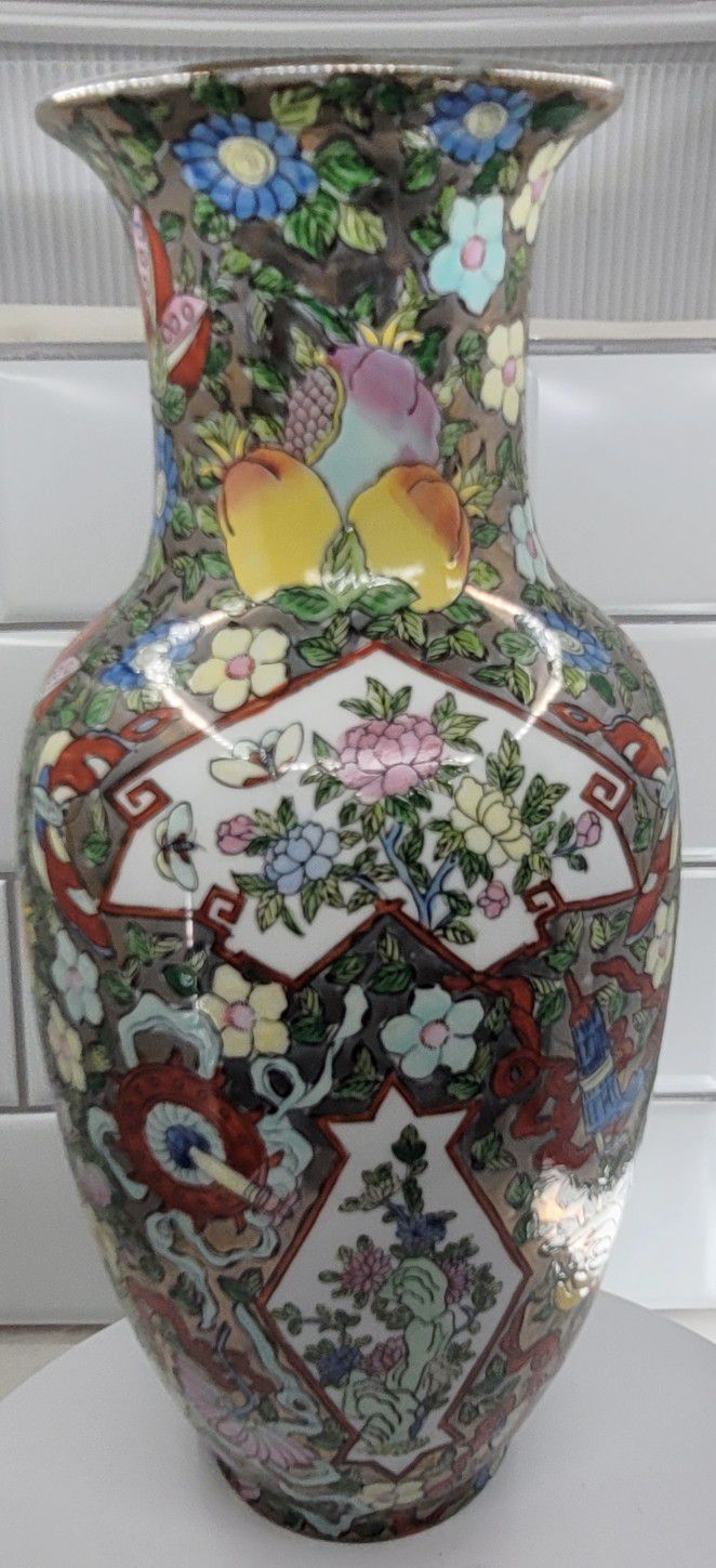 12' Vintage  Chinoiserie Floral Vase, 1970s

