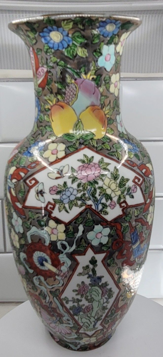 12' Vintage Chinoiserie Floral Vase, 1970s