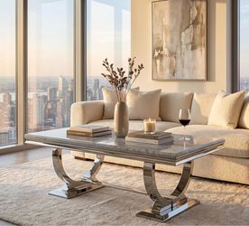 Chino hills pick up,Silver Coffee Table, Grey Rectangular Living Room Table with Silver Mirrored Metal U-Base, Modern Sofa Coffee Table for Living Roo