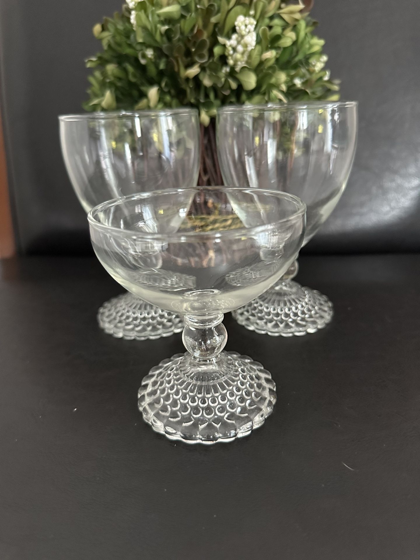 Anchor Hocking Bubble Foot Clear Champagne & Water Stemmed Glasses Set of 3 1950's