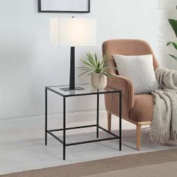 CAWS 22" W Black End Table, Tempered Glass Rectangle Side Table, Night Stand, Modern Minimalist Table, 21.97"L x 18"W x 22"H

