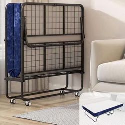 Folding Bed with Mattress for Adults, Portable Twin Size Rollaway Guests Bed Fold up Bed Frame with Memory Foam Mattress, Space-Saving Foldable Bed St