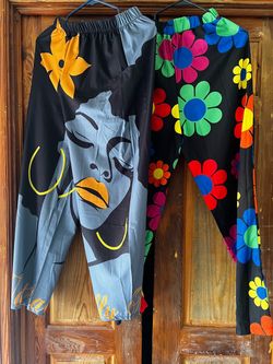 Two Graphic Print Elastic Waist Pants-Medium