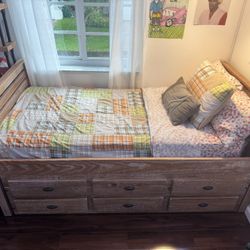 Wooden Bed Frame (Twin Size) With Trundle Bed/Bottom Bed & 2 Mattresses Included